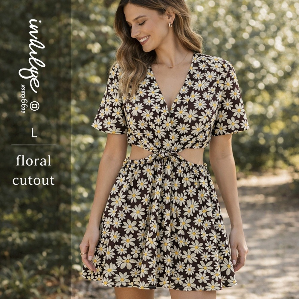 Indulge In Style Brown Daisy Floral Cut-Out Mini Dress Womens Large V-Neck Retro